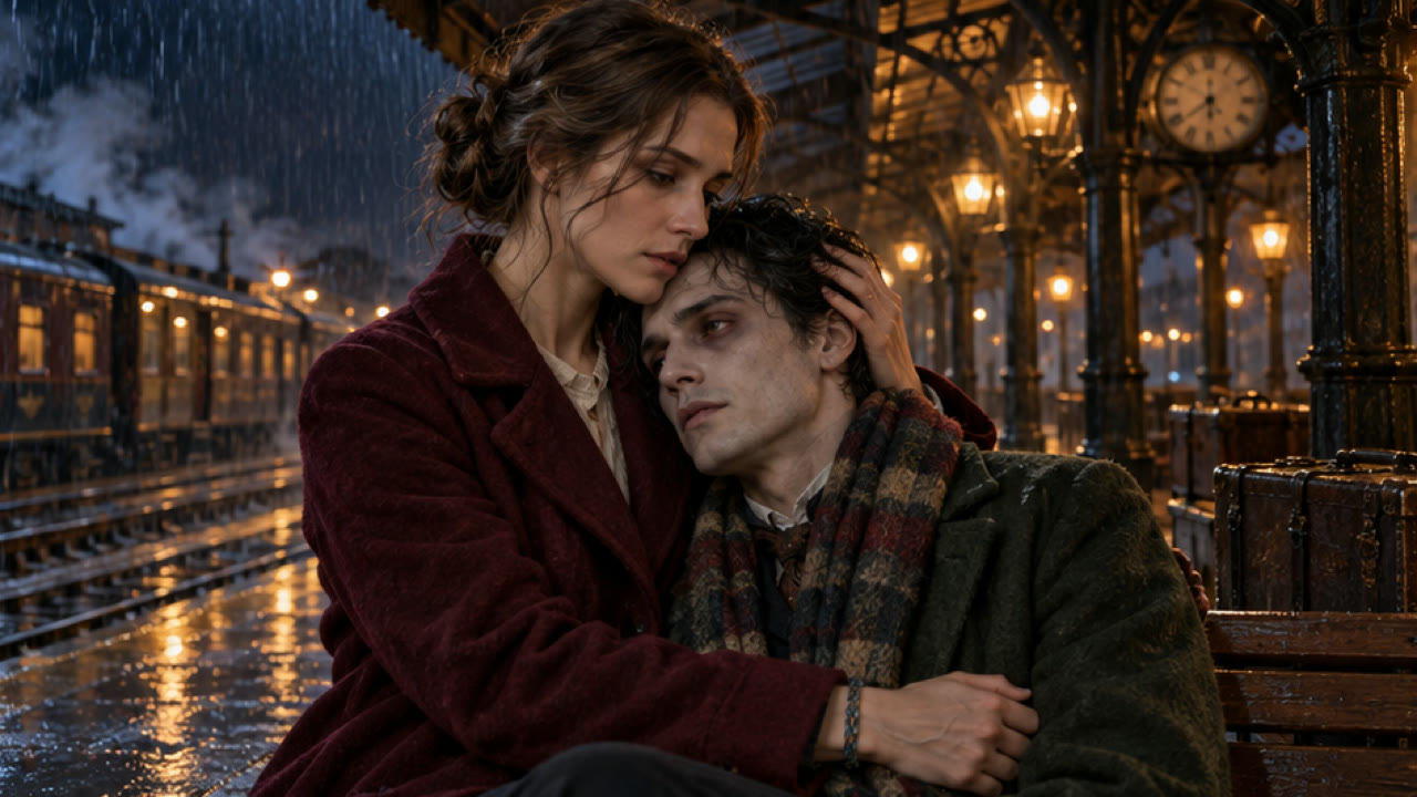 A human woman comforts her zombie partner beneath warm lights at a rain-soaked station.