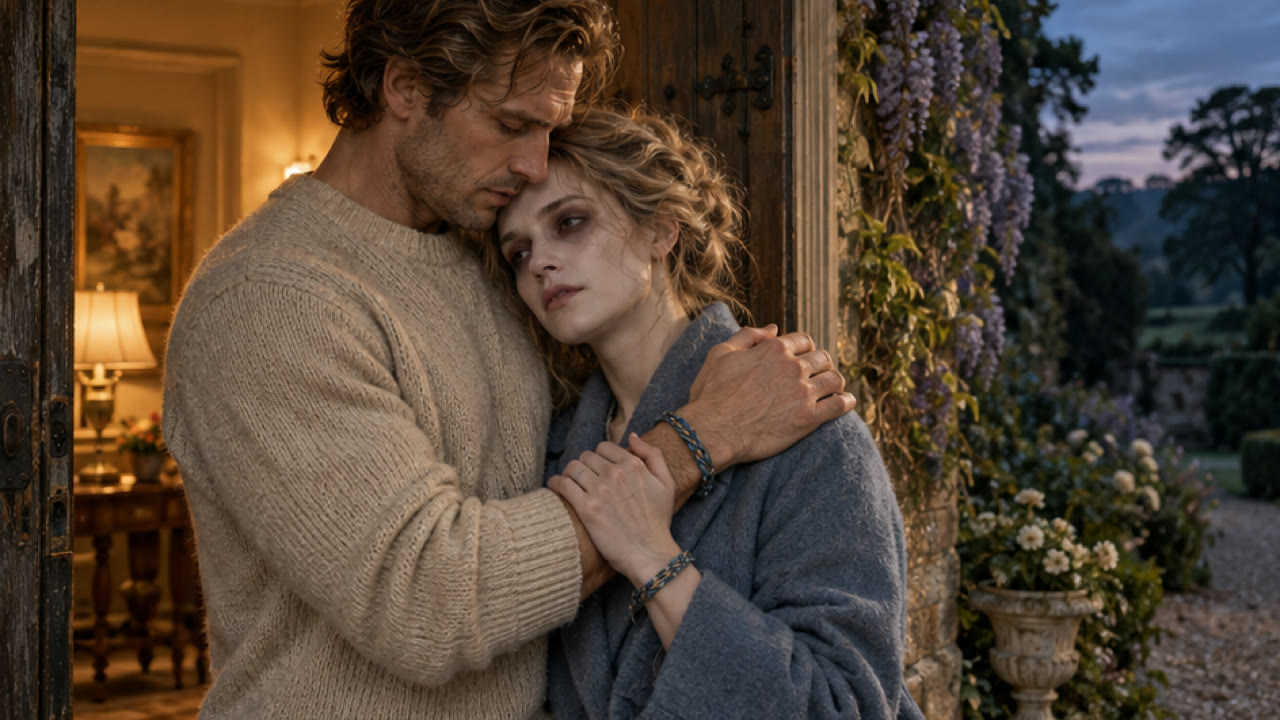 A human partner holds a zombie partner at a warmly lit doorway at dusk.