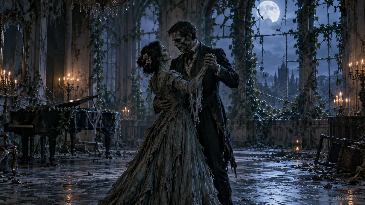 Two zombie partners dance beneath moonlight in an abandoned ballroom.