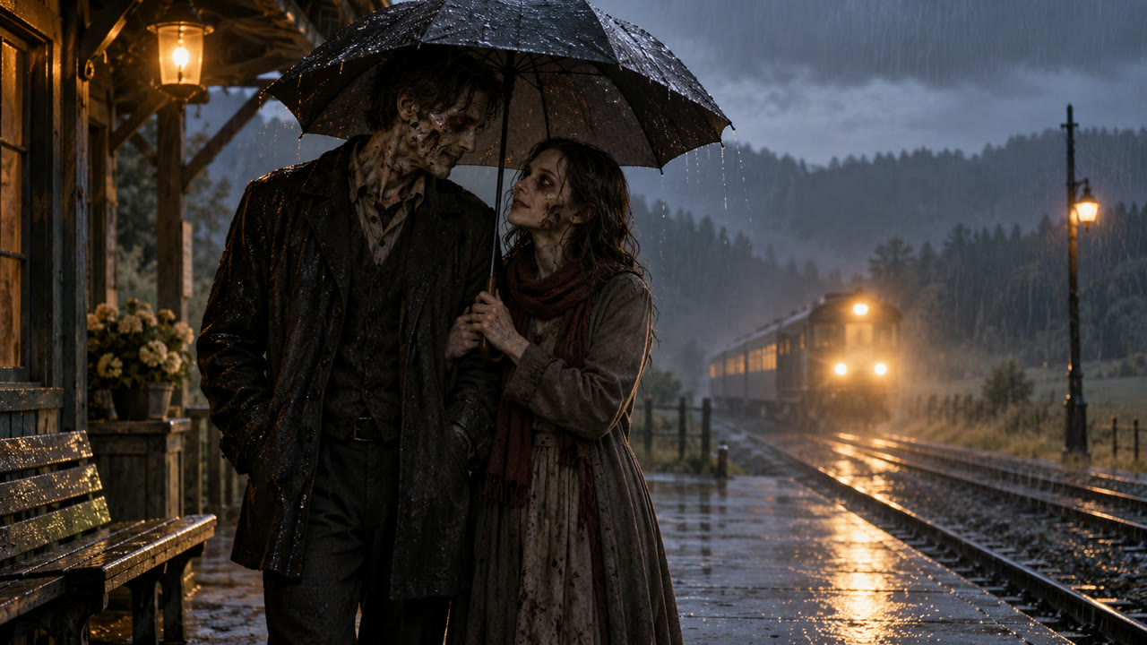 Two zombie lovers share an umbrella beside a rainy railway platform.